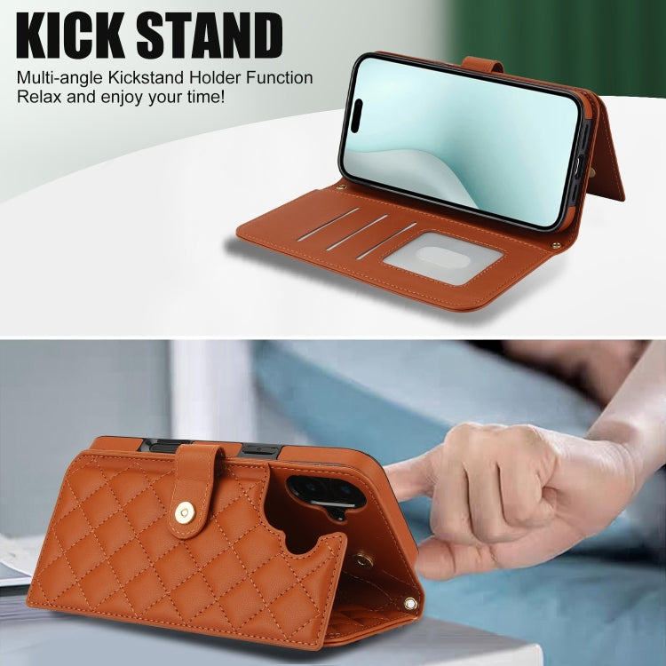 For iPhone 16 Crossbody Multifunction Rhombic Leather Phone Case(Brown)