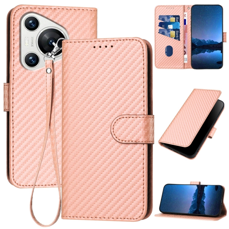 For Huawei Pura 70 YX0070 Carbon Fiber Buckle Leather Phone Case with Lanyard(Pink)