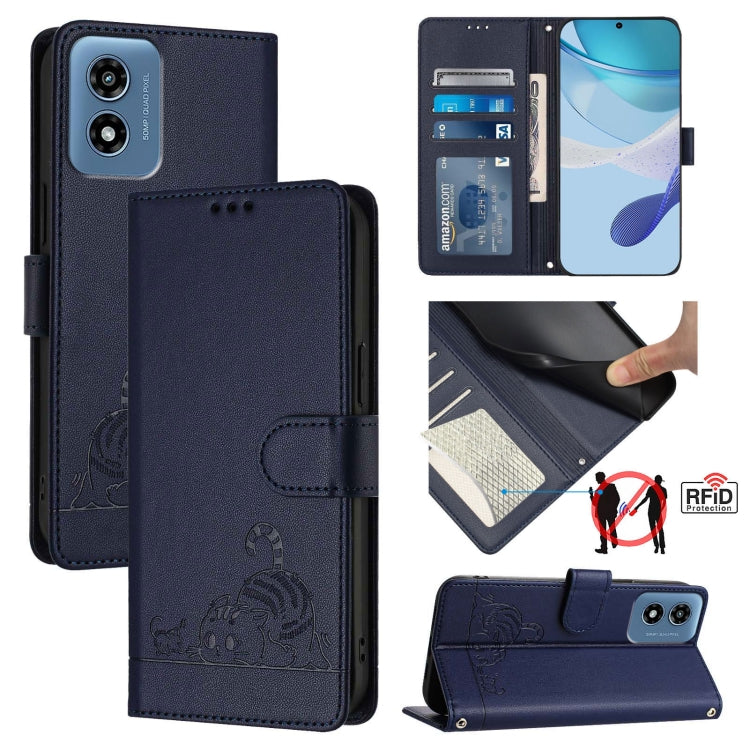 For Motorola Moto G Play 4G 2024 Global Cat Rat Embossed Pattern RFID Leather Phone Case with Lanyard(Blue)