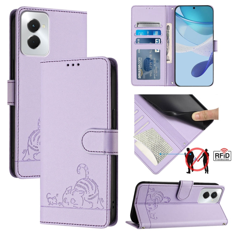 For Motorola Moto G Power 5G 2024 Cat Rat Embossed Pattern RFID Leather Phone Case with Lanyard(Purple)