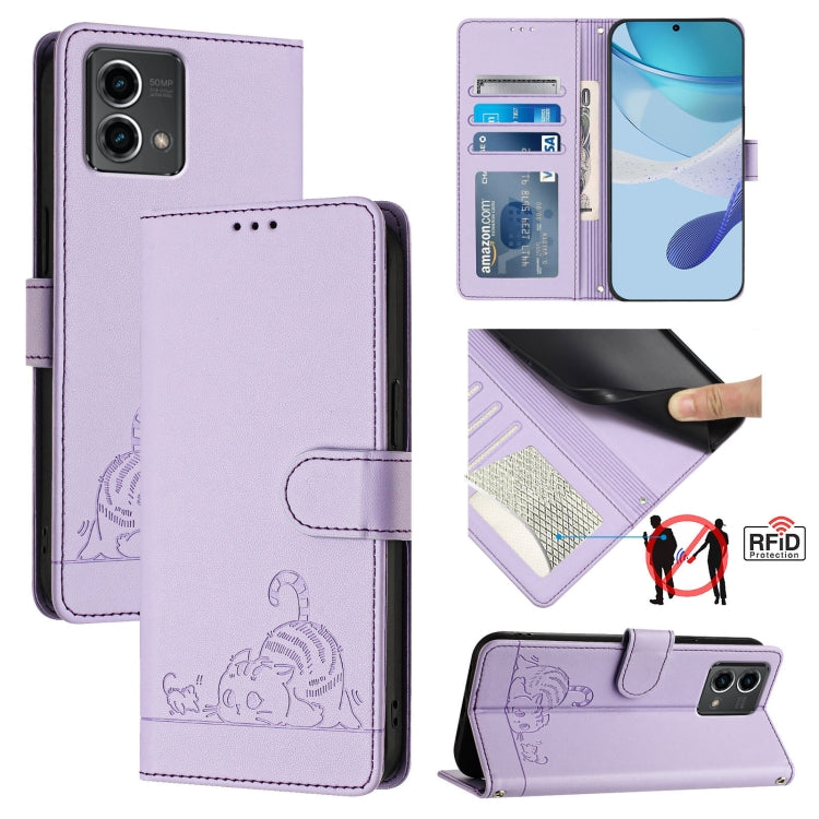 For Motorola Moto G Stylus 5G 2024 Cat Rat Embossed Pattern RFID Leather Phone Case with Lanyard(Purple)