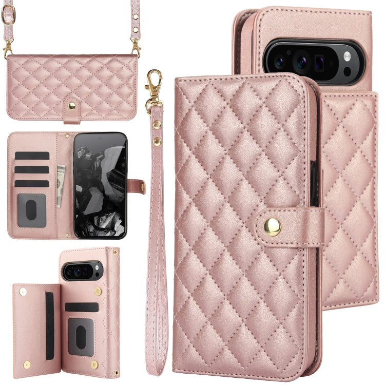 For Google Pixel 9 Pro XL Crossbody Multifunction Rhombic Leather Phone Case(Rose Gold)