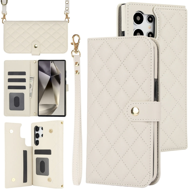 For Samsung Galaxy S24 Ultra 5G Crossbody Multifunction Rhombic Leather Phone Case(White)