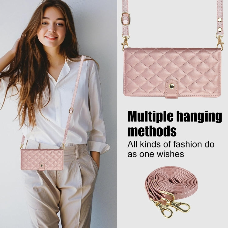 For Samsung Galaxy S24 Ultra 5G Crossbody Multifunction Rhombic Leather Phone Case(Rose Gold)