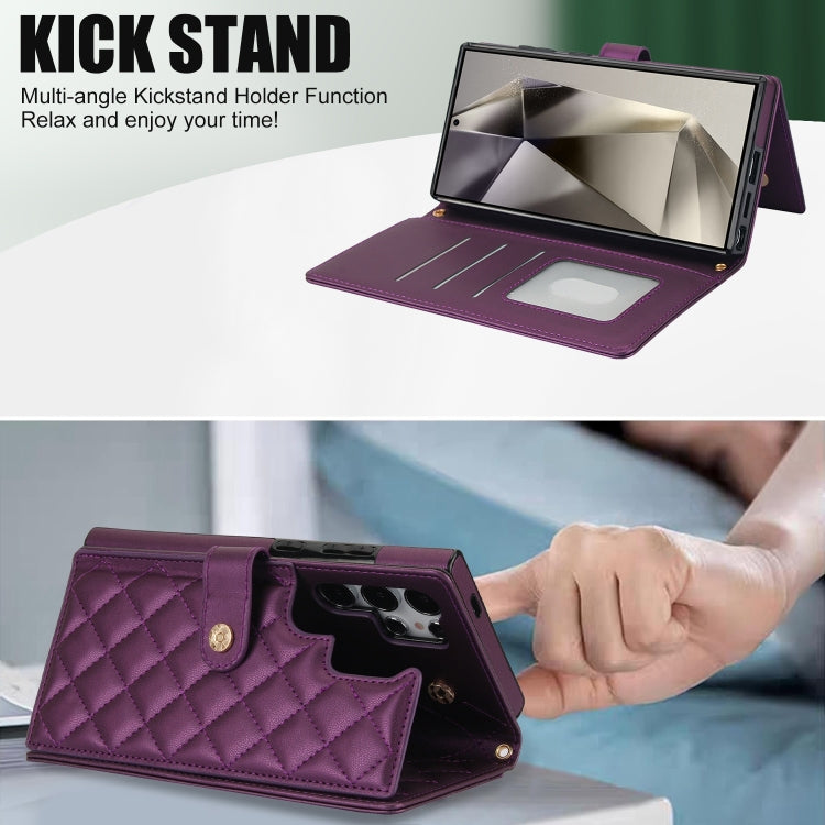 For Samsung Galaxy S24 Ultra 5G Crossbody Multifunction Rhombic Leather Phone Case(Dark Purple)