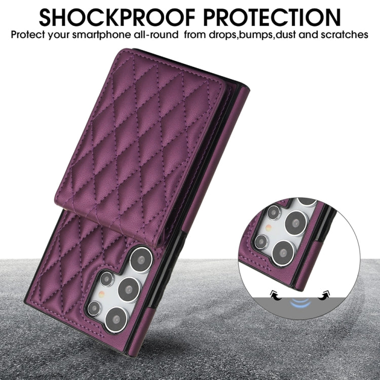 For Samsung Galaxy S24 Ultra 5G YM015 Crossbody Rhombic Card Bag RFID Phone Case(Dark Purple)