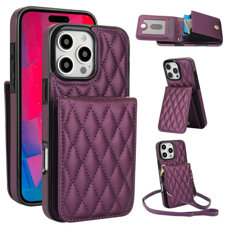 For iPhone 16 Pro YM015 Crossbody Rhombic Card Bag RFID Phone Case(Dark Purple)