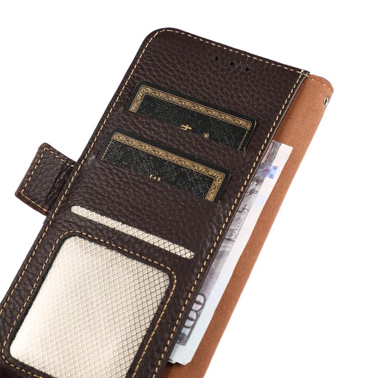 For iPhone 17 Pro KHAZNEH Side-Magnetic Litchi Genuine Leather RFID Case(Brown) - free shipping - PMc TechLife - Order now!
