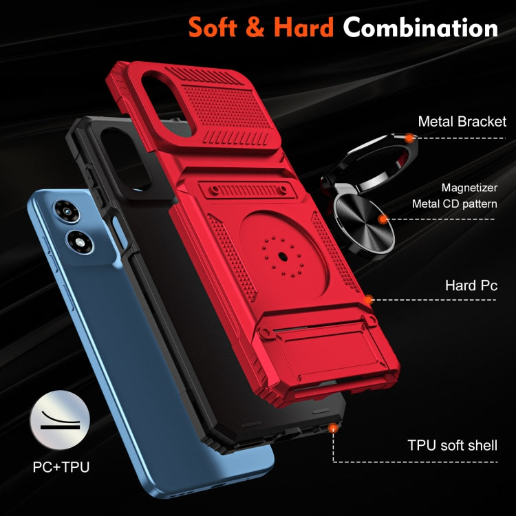 For Motorola Moto G Play 4G 2024 TPU+PC Shockproof Card Slot Phone Case with Metal Ring Holder(Red)