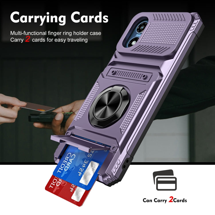For Motorola Moto G Play 4G 2024 TPU+PC Shockproof Card Slot Phone Case with Metal Ring Holder(Purple)