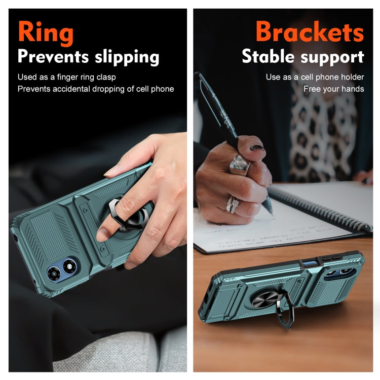 For Motorola Moto G Play 4G 2024 TPU+PC Shockproof Card Slot Phone Case with Metal Ring Holder(Green)