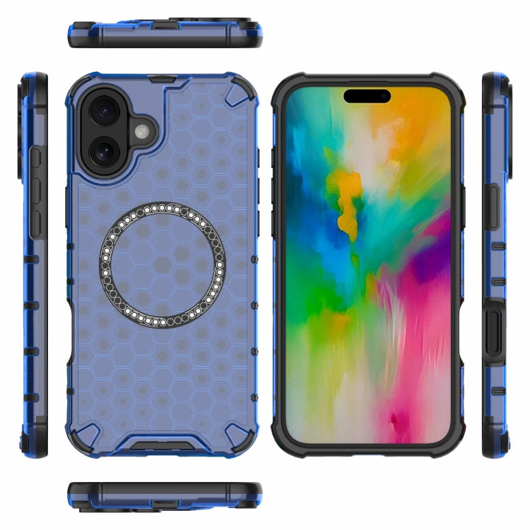 For iPhone 16 Plus Honeycomb Magnetic Ring Shockproof Phone Case(Blue)
