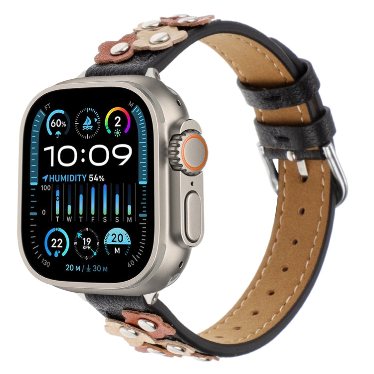 For Apple Watch Ultra 2 49mm Stitched Flower Leather Watch Band(Black)