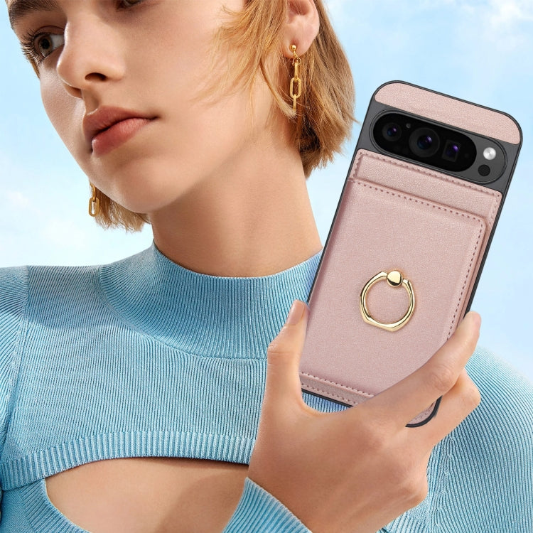 For Google Pixel 9 Pro XL RFID Anti-theft Card Ring Holder Phone Case(Rose Gold)