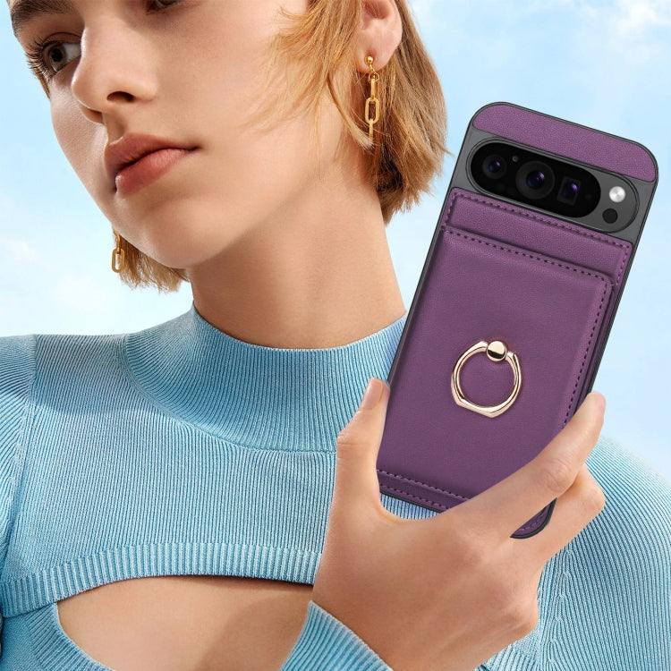 For Google Pixel 9 Pro XL RFID Anti-theft Card Ring Holder Phone Case(Dark Purple)