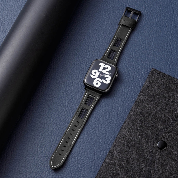 For Apple Watch Ultra 2 49mm Mesh Calfskin Genuine Leather Watch Band(Black)