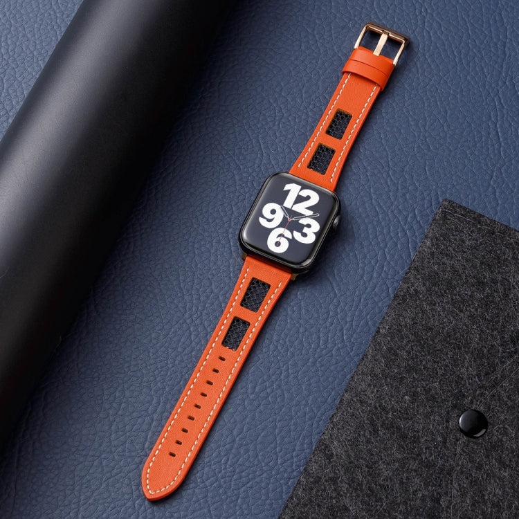 For Apple Watch Ultra 49mm Mesh Calfskin Genuine Leather Watch Band(Orange)