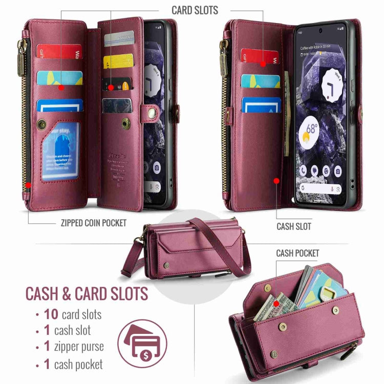 For Google Pixel 8 CaseMe C36 Card Slots Zipper Wallet RFID Anti-theft Leather Phone Case(Wine Red)