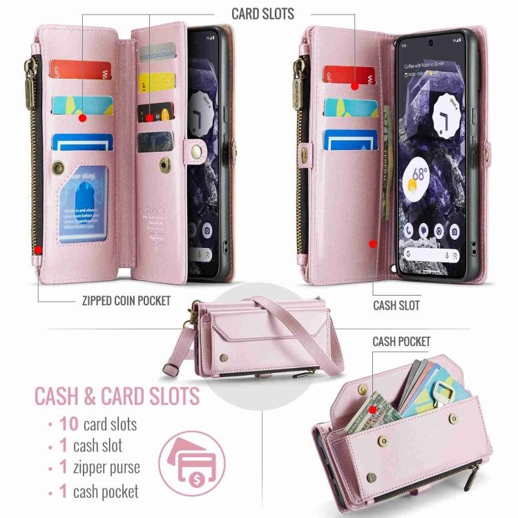 For Google Pixel 8 CaseMe C36 Card Slots Zipper Wallet RFID Anti-theft Leather Phone Case(Pink)