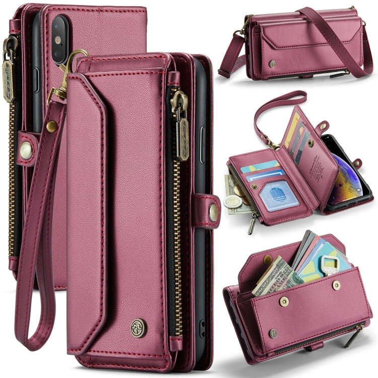 For iPhone XS / X CaseMe C36 Card Slots Zipper Wallet RFID Anti-theft Leather Phone Case(Wine Red)