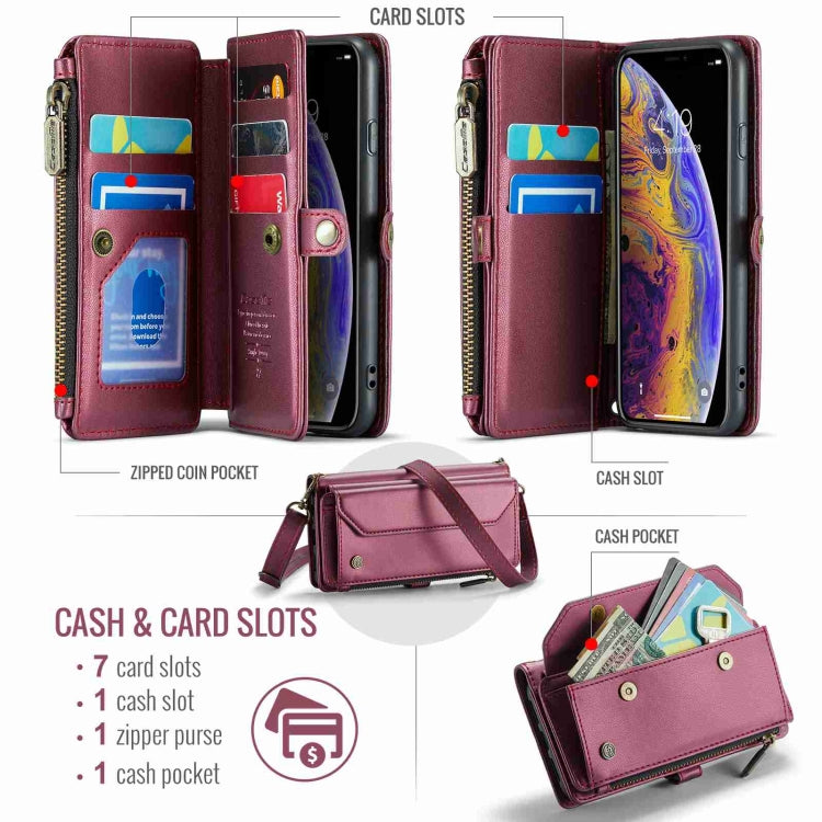 For iPhone XS / X CaseMe C36 Card Slots Zipper Wallet RFID Anti-theft Leather Phone Case(Wine Red)