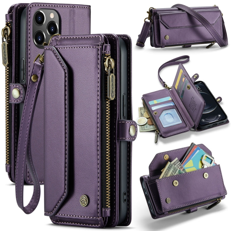 For iPhone 12 Pro CaseMe C36 Card Slots Zipper Wallet RFID Anti-theft Leather Phone Case(Purple)