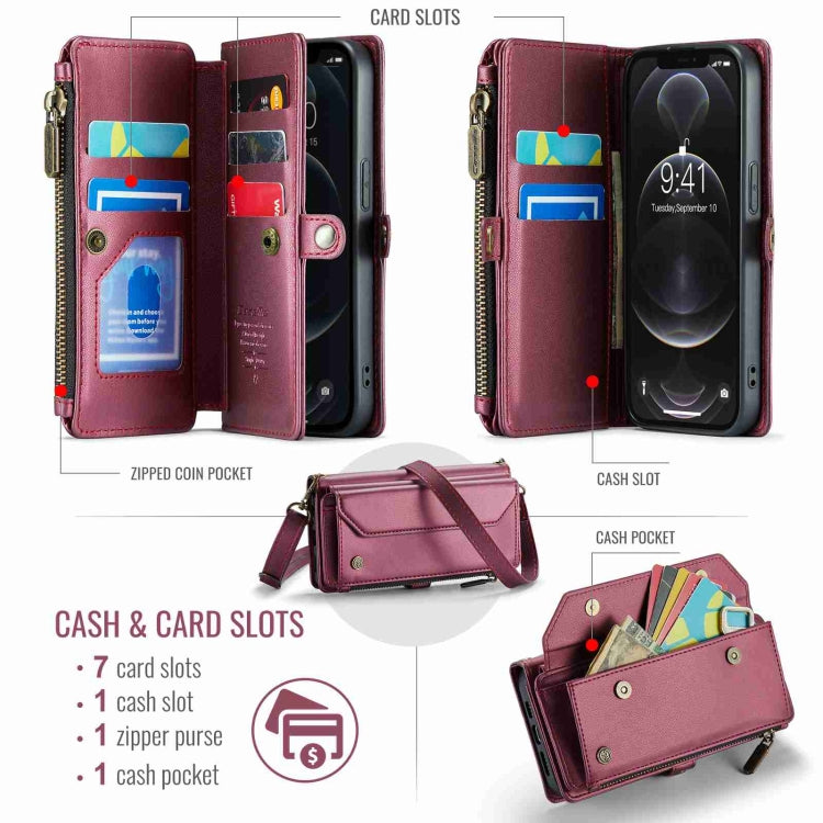 For iPhone 12 Pro Max CaseMe C36 Card Slots Zipper Wallet RFID Anti-theft Leather Phone Case(Wine Red)
