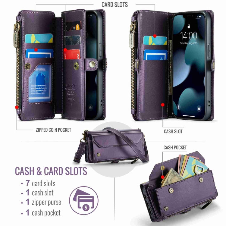 For iPhone 13 Pro CaseMe C36 Card Slots Zipper Wallet RFID Anti-theft Leather Phone Case(Purple)