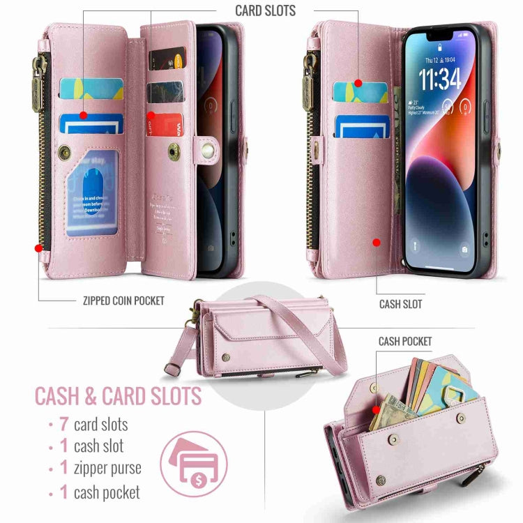 For iPhone 14 CaseMe C36 Card Slots Zipper Wallet RFID Anti-theft Leather Phone Case(Pink)