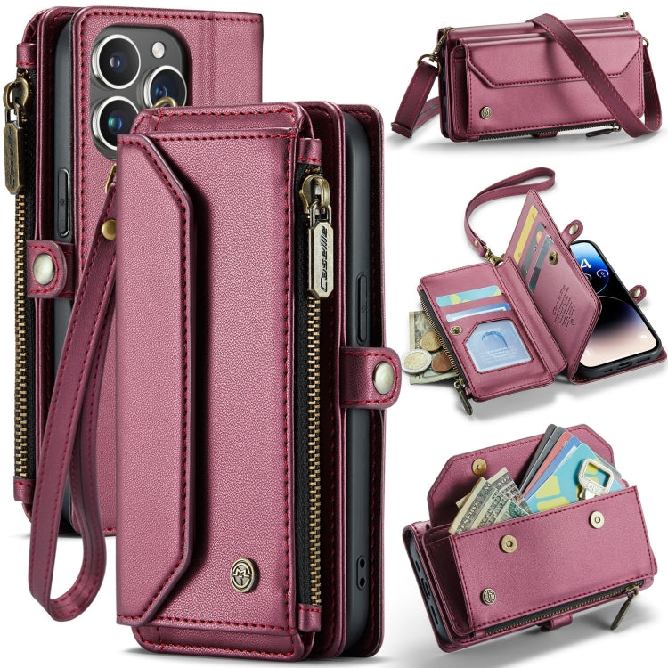 For iPhone 14 Pro Max CaseMe C36 Card Slots Zipper Wallet RFID Anti-theft Leather Phone Case(Wine Red)