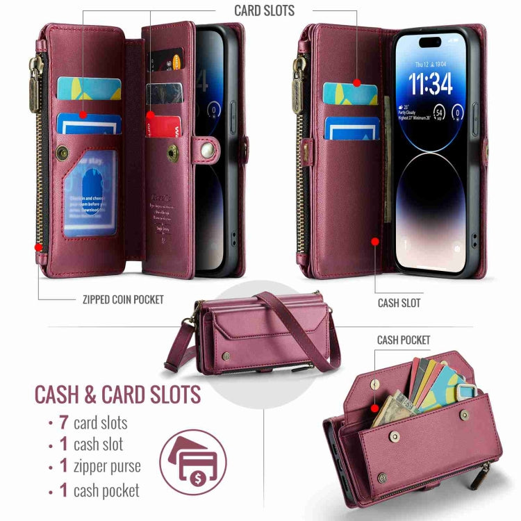 For iPhone 14 Pro Max CaseMe C36 Card Slots Zipper Wallet RFID Anti-theft Leather Phone Case(Wine Red)