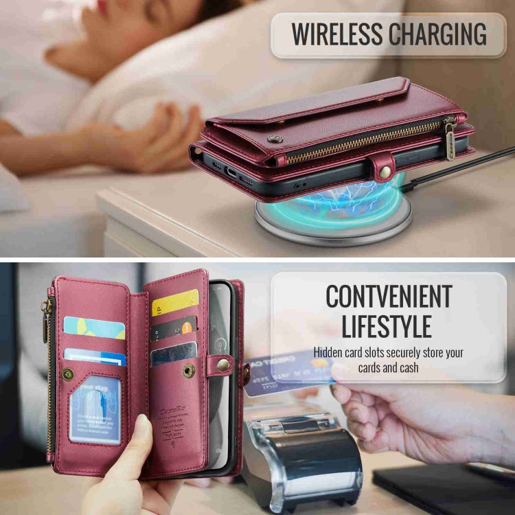 For iPhone 15 Plus CaseMe C36 Card Slots Zipper Wallet RFID Anti-theft Leather Phone Case(Wine Red)
