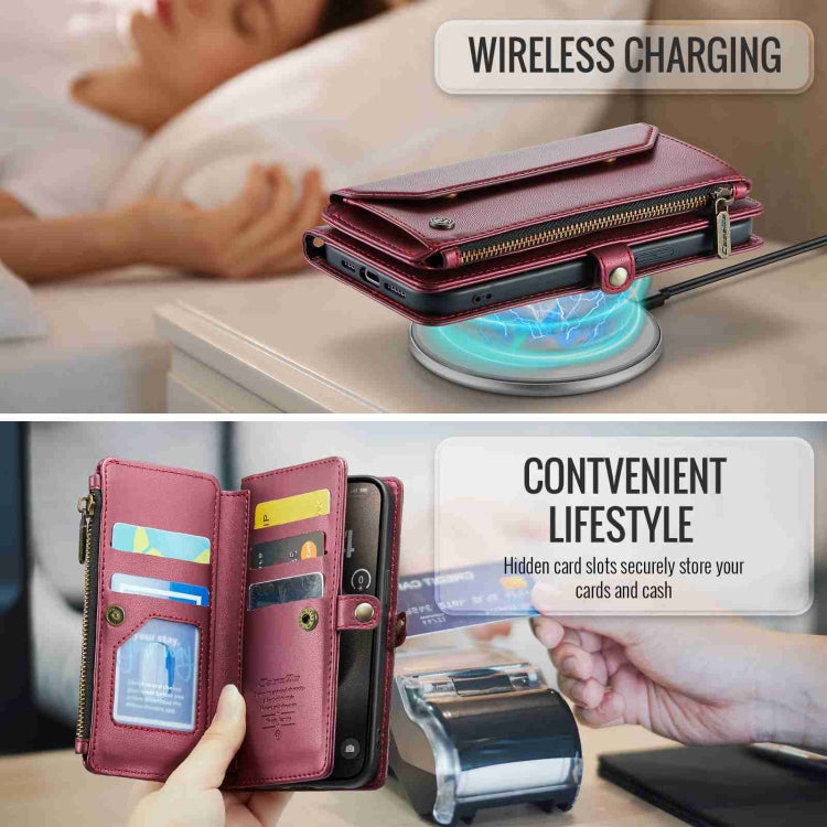 For iPhone 15 Pro CaseMe C36 Card Slots Zipper Wallet RFID Anti-theft Leather Phone Case(Wine Red)