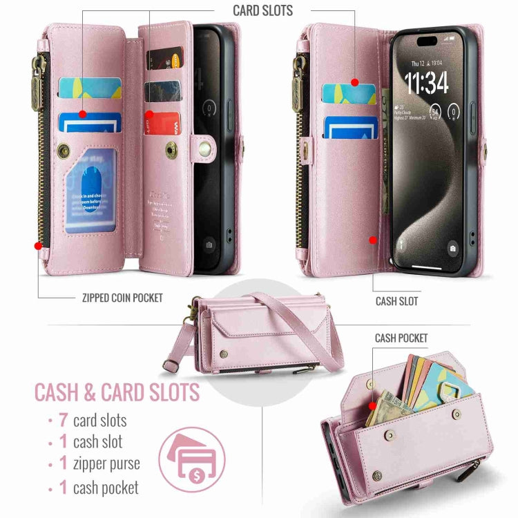 For iPhone 15 Pro CaseMe C36 Card Slots Zipper Wallet RFID Anti-theft Leather Phone Case(Pink)