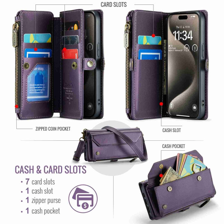 For iPhone 15 Pro Max CaseMe C36 Card Slots Zipper Wallet RFID Anti-theft Leather Phone Case(Purple)