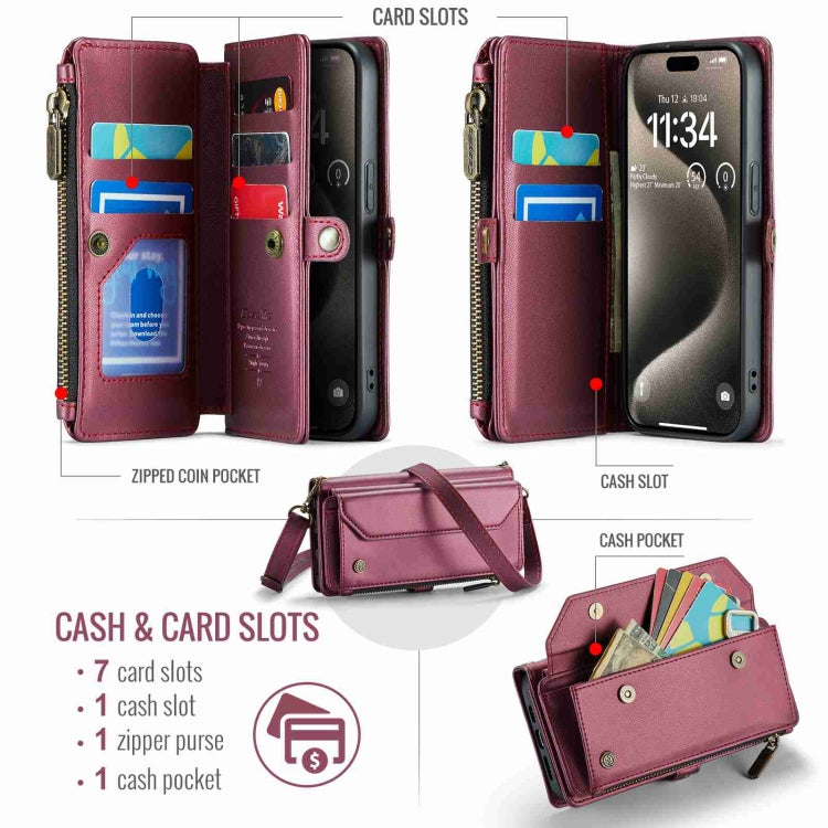 For iPhone 15 Pro Max CaseMe C36 Card Slots Zipper Wallet RFID Anti-theft Leather Phone Case(Wine Red)