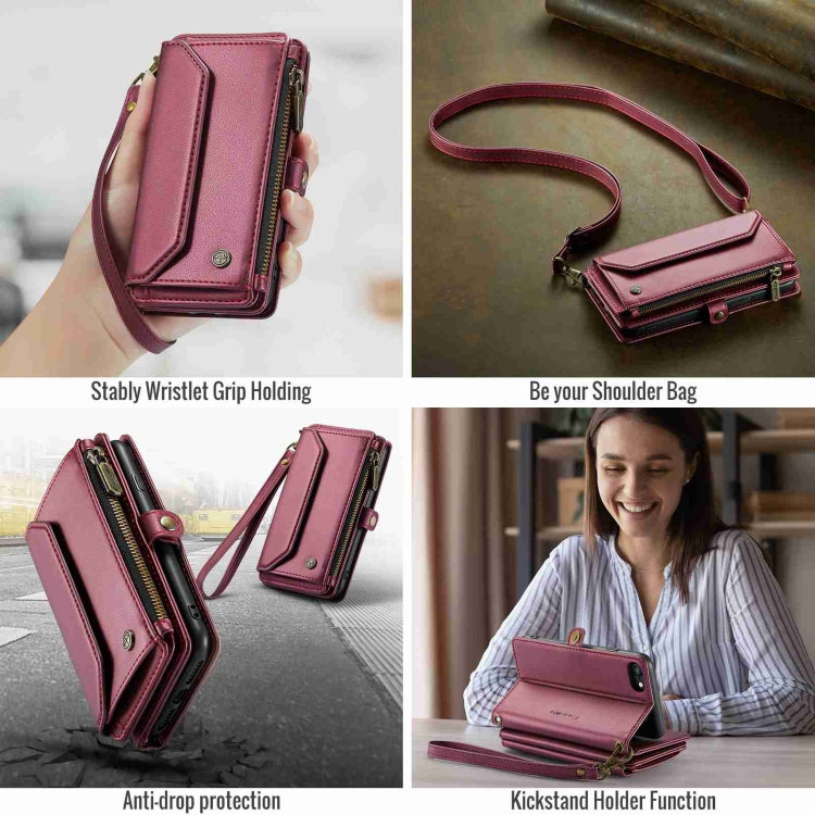 For iPhone SE 2022 / SE 2020 CaseMe C36 Card Slots Zipper Wallet RFID Anti-theft Leather Phone Case(Wine Red)