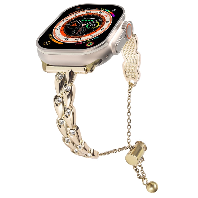 For Apple Watch Ultra 2 49mm Rhinestone Peacock Metal Bracelet Watch Band(Gold)
