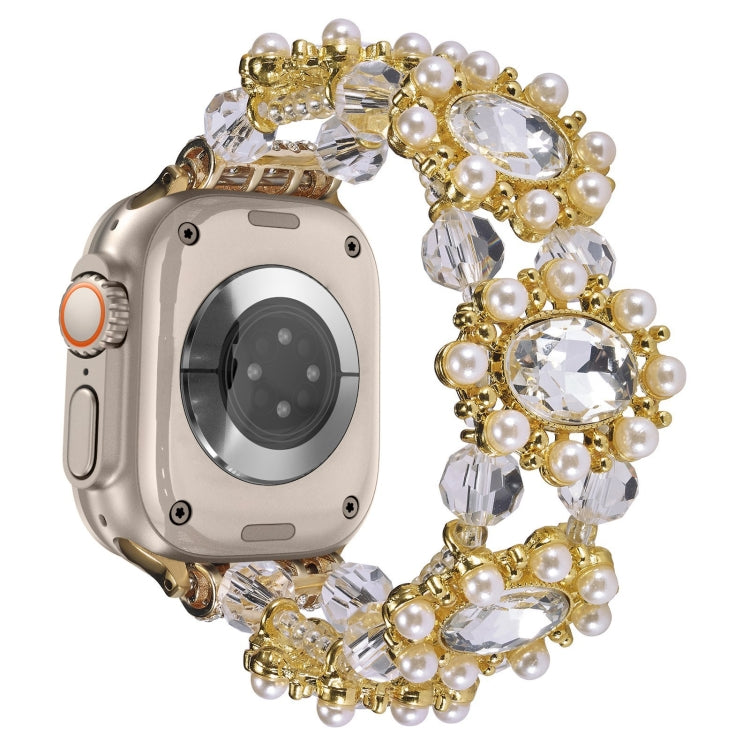 For Apple Watch Ultra 2 49mm Beaded Pearl Gemstone Bracelet Watch Band(Gold)