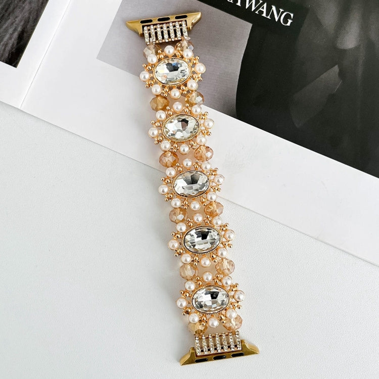 For Apple Watch Ultra 2 49mm Beaded Pearl Gemstone Bracelet Watch Band(Gold)