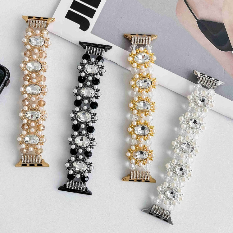 For Apple Watch SE 44mm Beaded Pearl Gemstone Bracelet Watch Band(Gold)