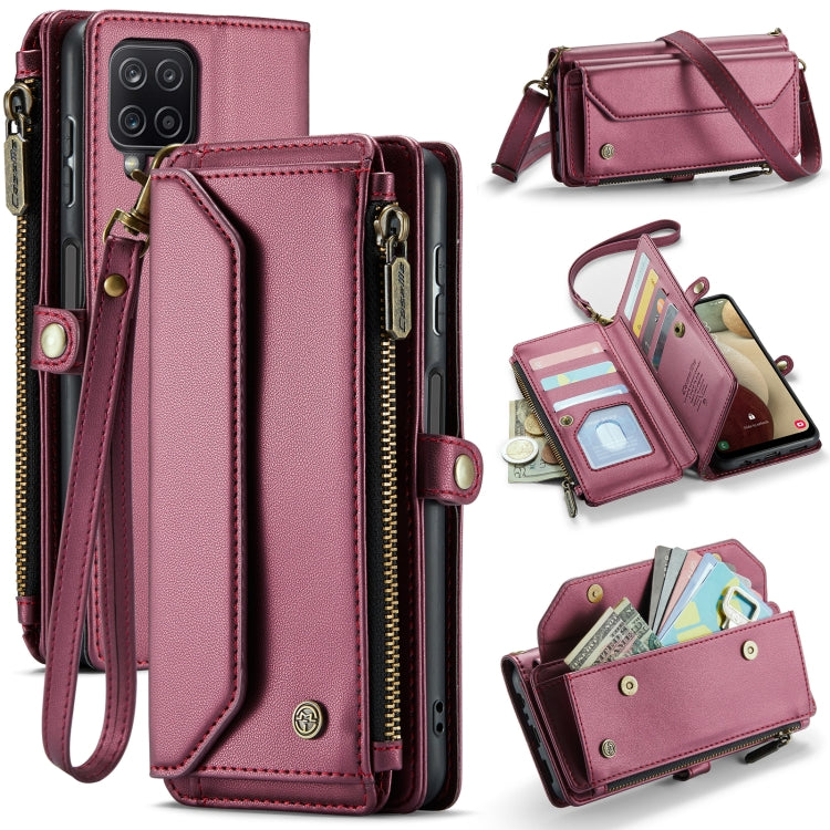 For Samsung Galaxy A12 5G CaseMe C36 Card Slots Zipper Wallet RFID Anti-theft Leather Phone Case(Wine Red)