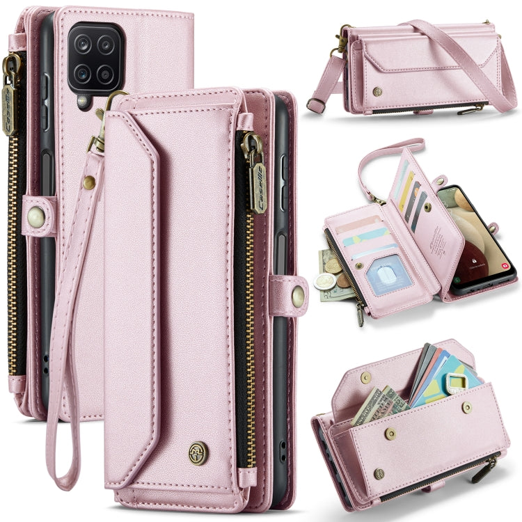 For Samsung Galaxy A12 5G CaseMe C36 Card Slots Zipper Wallet RFID Anti-theft Leather Phone Case(Pink)
