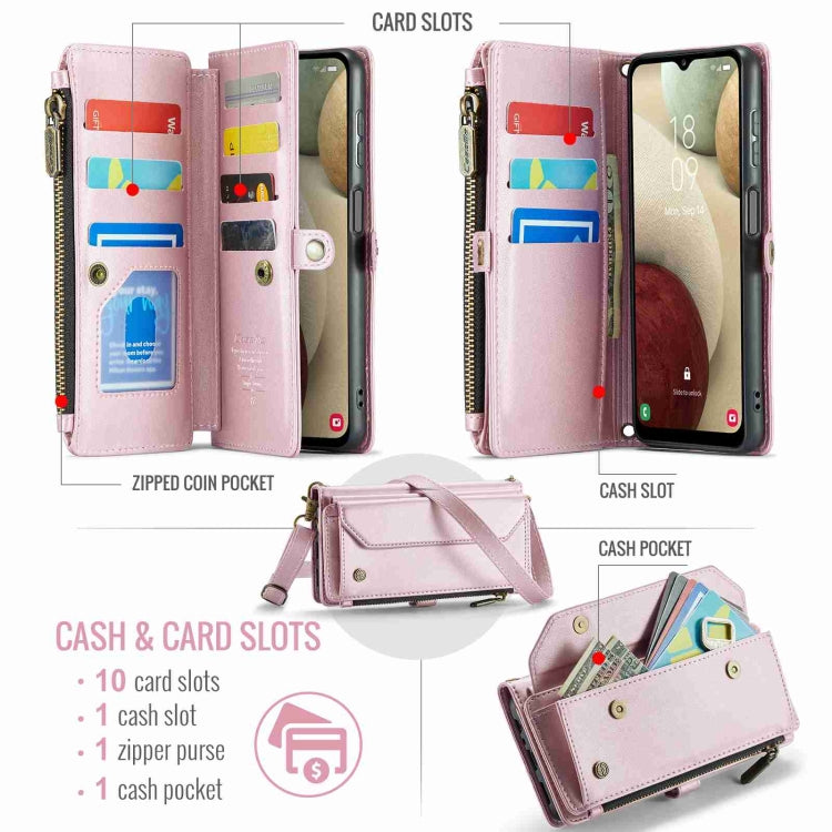 For Samsung Galaxy A12 5G CaseMe C36 Card Slots Zipper Wallet RFID Anti-theft Leather Phone Case(Pink)