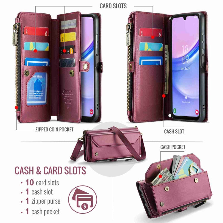 For Samsung Galaxy A15 CaseMe C36 Card Slots Zipper Wallet RFID Anti-theft Leather Phone Case(Wine Red)