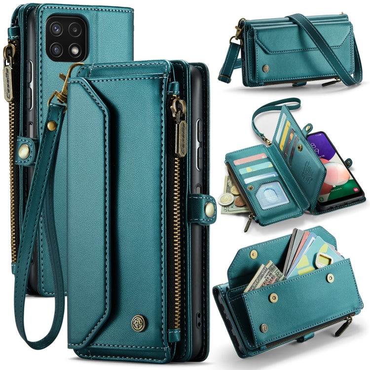 For Samsung Galaxy A22 5G CaseMe C36 Card Slots Zipper Wallet RFID Anti-theft Leather Phone Case(Blue-green)