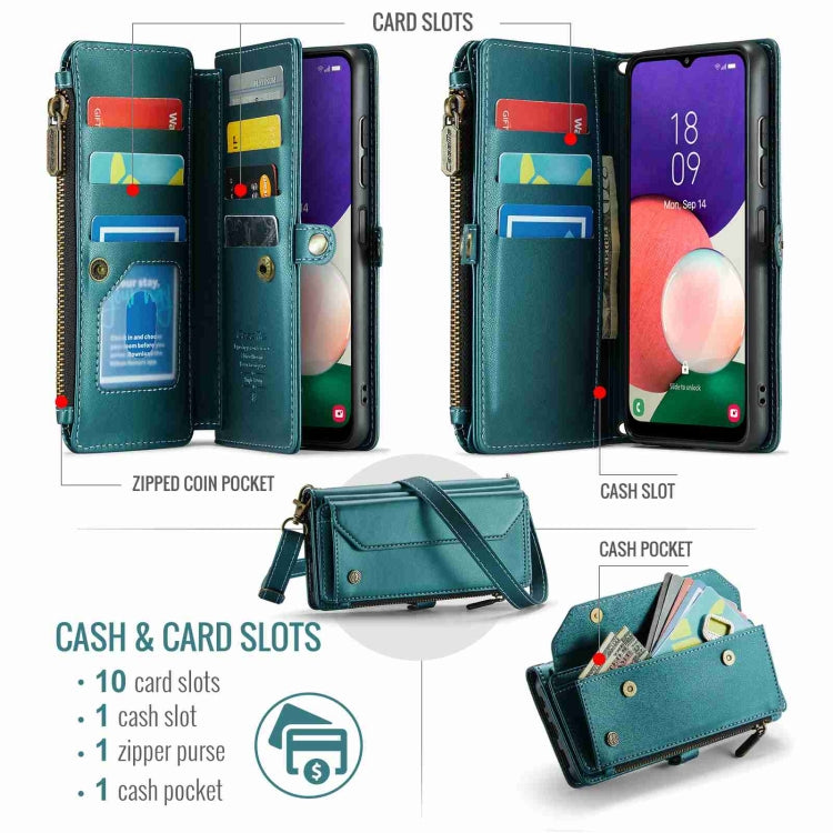 For Samsung Galaxy A22 5G CaseMe C36 Card Slots Zipper Wallet RFID Anti-theft Leather Phone Case(Blue-green)