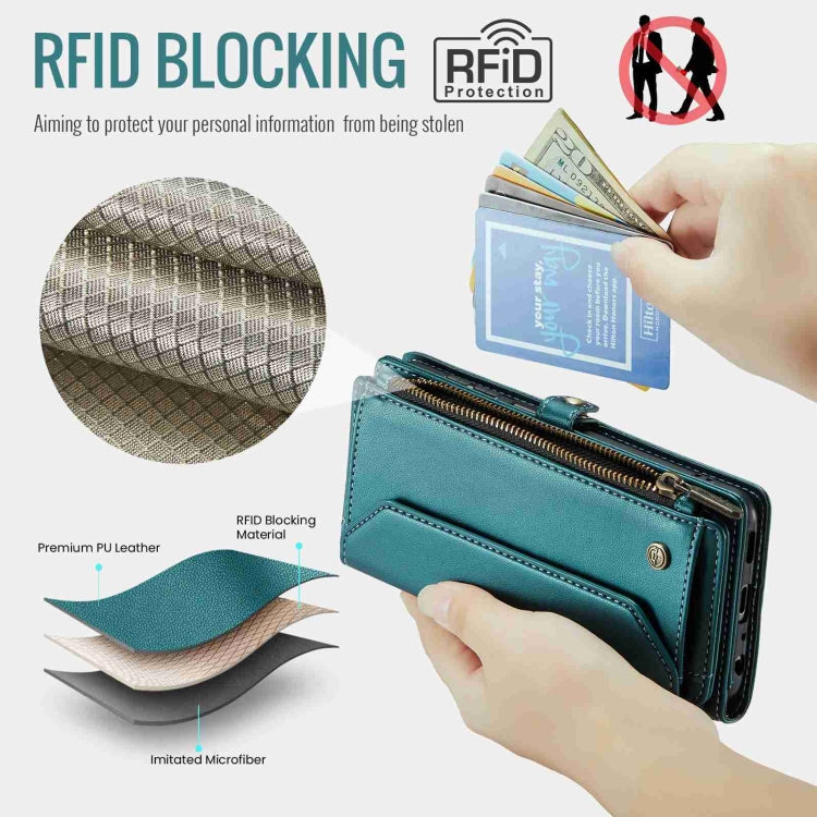 For Samsung Galaxy A22 5G CaseMe C36 Card Slots Zipper Wallet RFID Anti-theft Leather Phone Case(Blue-green)