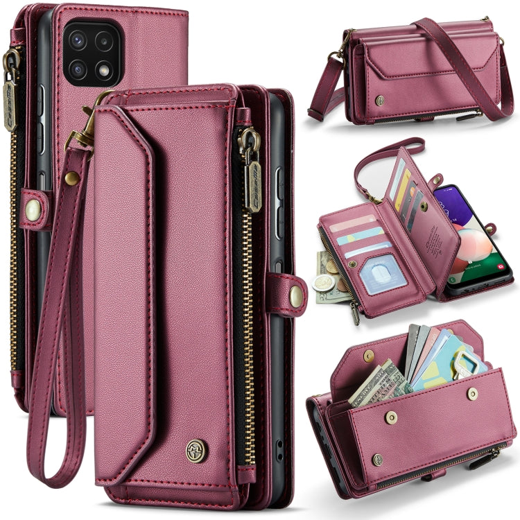 For Samsung Galaxy A22 5G CaseMe C36 Card Slots Zipper Wallet RFID Anti-theft Leather Phone Case(Wine Red)