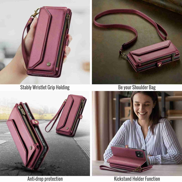 For Samsung Galaxy A22 5G CaseMe C36 Card Slots Zipper Wallet RFID Anti-theft Leather Phone Case(Wine Red) - free shipping - PMC Jewellery - Order now!